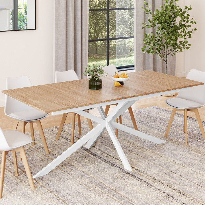 Table à manger extensible rectangle ALIX avec rangement 10-12 personnes pied araignée bois et blanc 200-240 cm