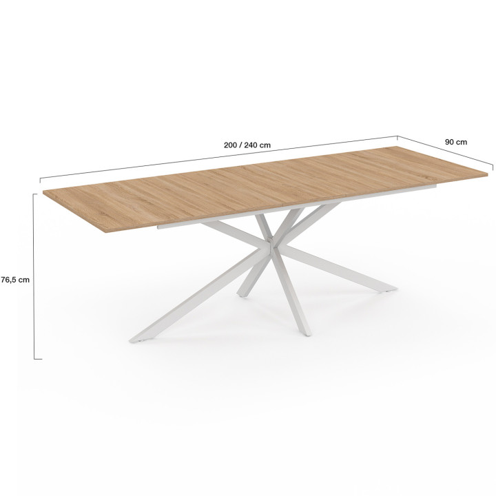 Table à manger extensible rectangle ALIX avec rangement 10-12 personnes pied araignée bois et blanc 200-240 cm
