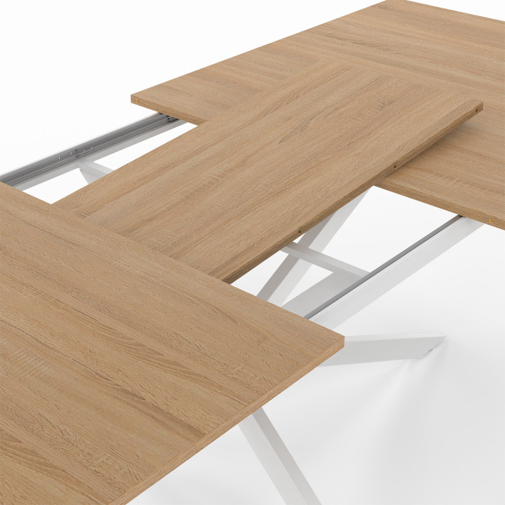 Table à manger extensible rectangle ALIX avec rangement 10-12 personnes pied araignée bois et blanc 200-240 cm