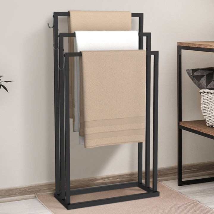 Porte-serviettes sur pied 3 niveaux DALLAS métal noir design industriel