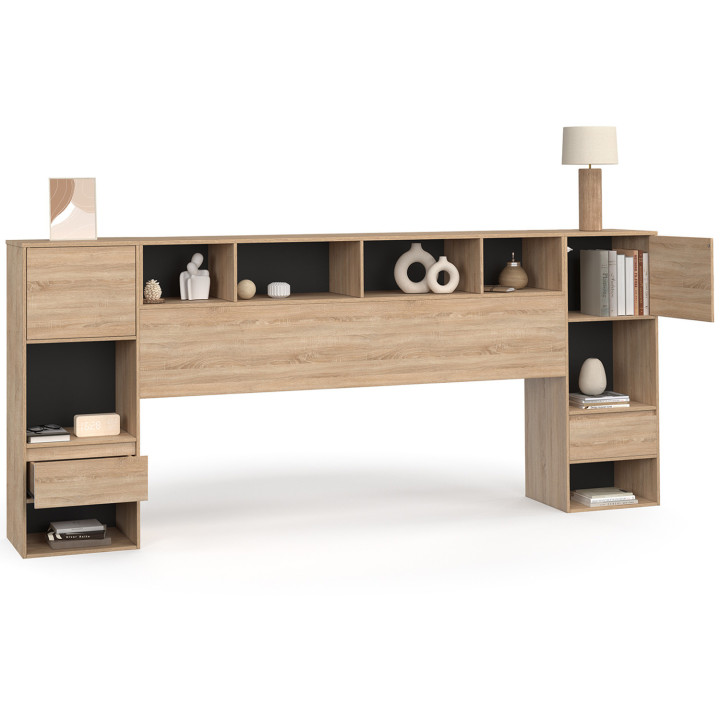 Cabecero de pedestal negro y madera con mesitas de noche de cajones, armarios y nichos - CAMPHA | IDMarket