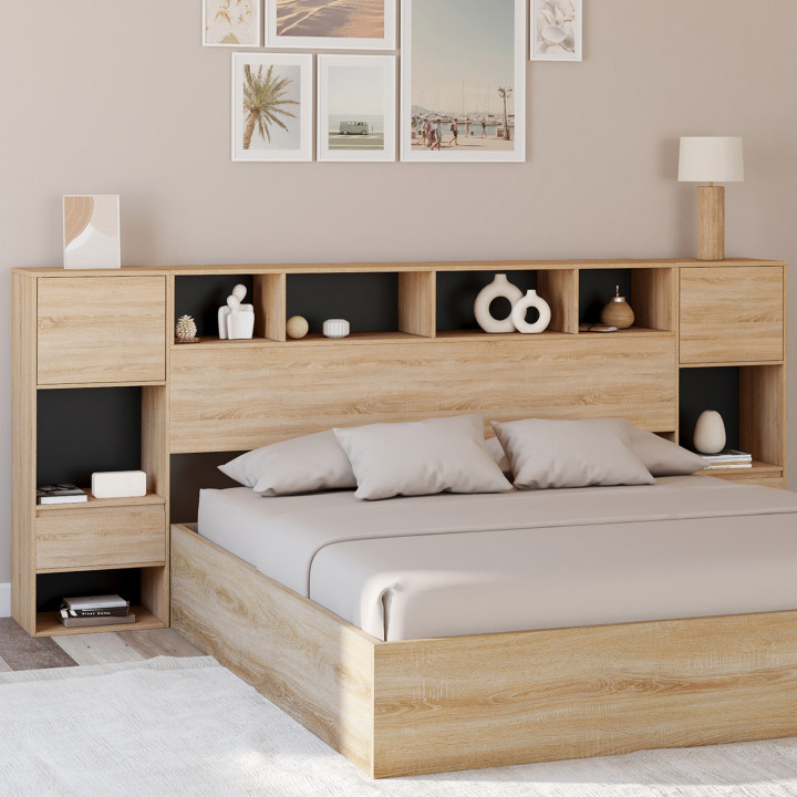 Cabecero de pedestal negro y madera con mesitas de noche de cajones, armarios y nichos - CAMPHA | IDMarket