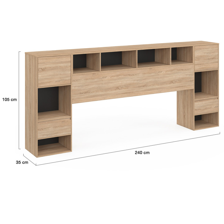 CAMPHA 240 cm testata indipendente con comodini in legno e nero + cassetti + nicchie