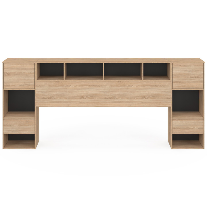 CAMPHA 240 cm vrijstaand hoofdbord met houten en zwarte nachtkastjes + laden + nissen