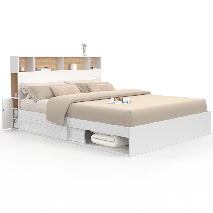 Cama doble con somier de 160 x 200 cm y cabecero blanco y haya - CLEM | ID Market