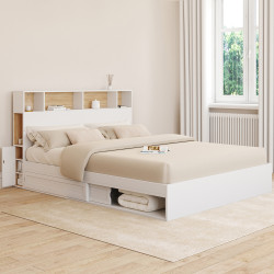 Cama doble con somier de 160 x 200 cm y cabecero blanco y haya - CLEM | ID Market