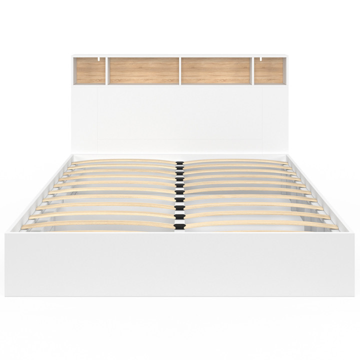 Cama doble con somier de 160 x 200 cm y cabecero blanco y haya - CLEM | ID Market