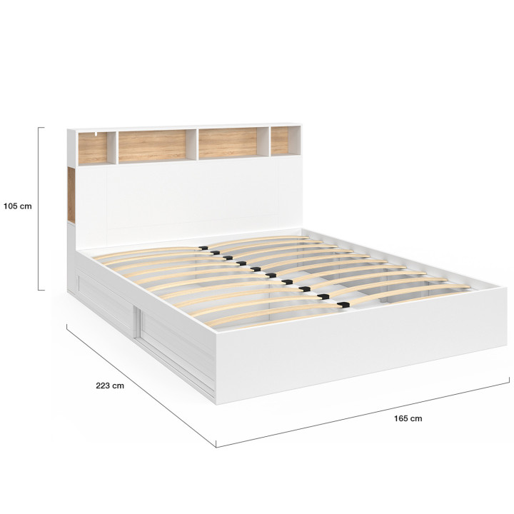 Cama doble con somier de 160 x 200 cm y cabecero blanco y haya - CLEM | ID Market