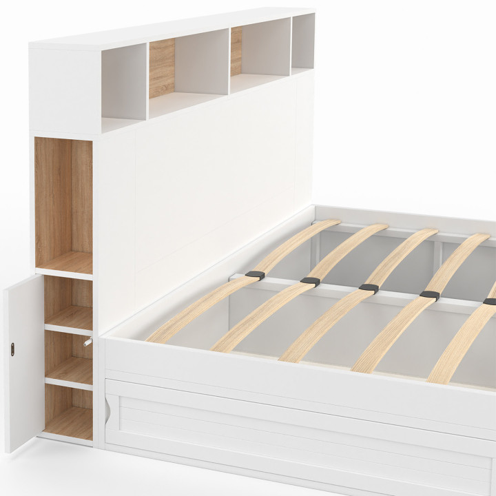 Cama doble con somier de 160 x 200 cm y cabecero blanco y haya - CLEM | ID Market