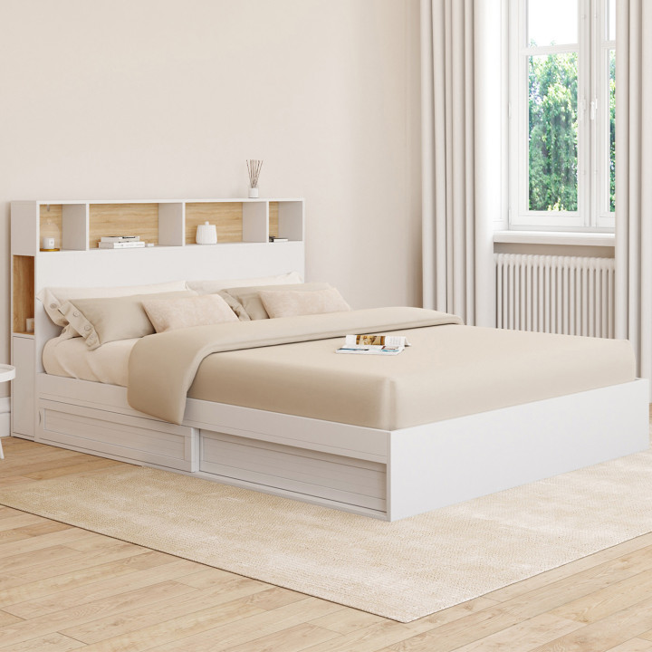Cama doble con somier de 160 x 200 cm y cabecero blanco y haya - CLEM | ID Market