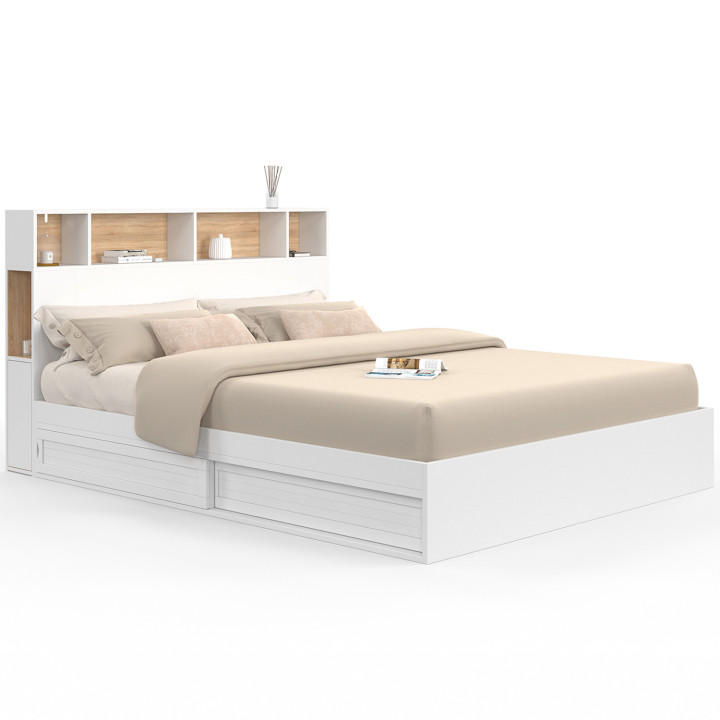 Cama doble con somier de 160 x 200 cm y cabecero blanco y haya - CLEM | ID Market