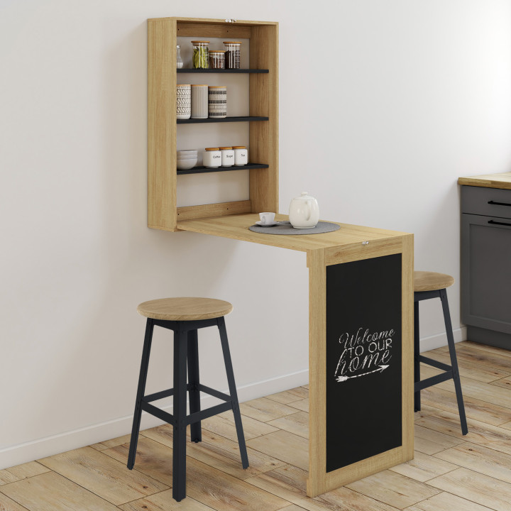 Table murale pliable MACCHIA avec étagères et tableau craie 2 personnes bois et noir