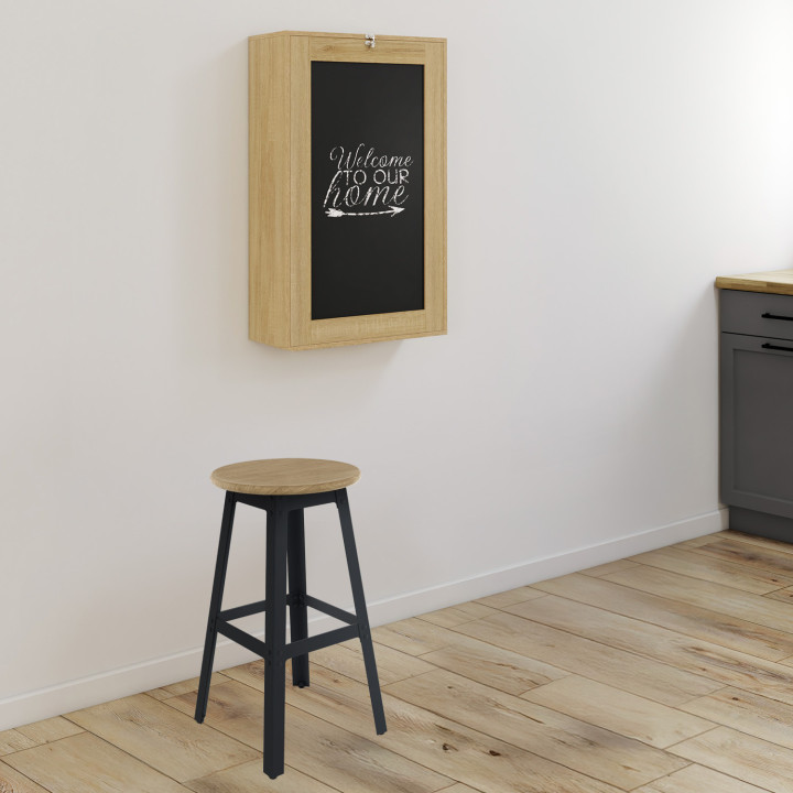 Table murale pliable MACCHIA avec étagères et tableau craie 2 personnes bois et noir