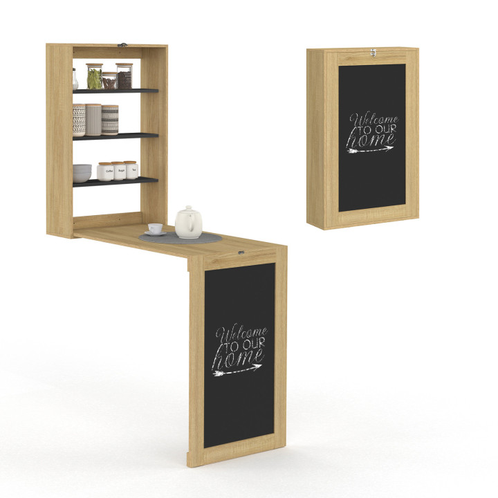 Wandklapptisch MACCHIA mit Regalen und Kreidetafel 2 Personen Holz und Schwarz