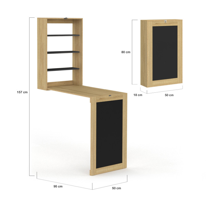 Table murale pliable MACCHIA avec étagères et tableau craie 2 personnes bois et noir