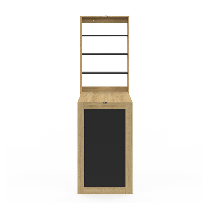 Table murale pliable MACCHIA avec étagères et tableau craie 2 personnes bois et noir