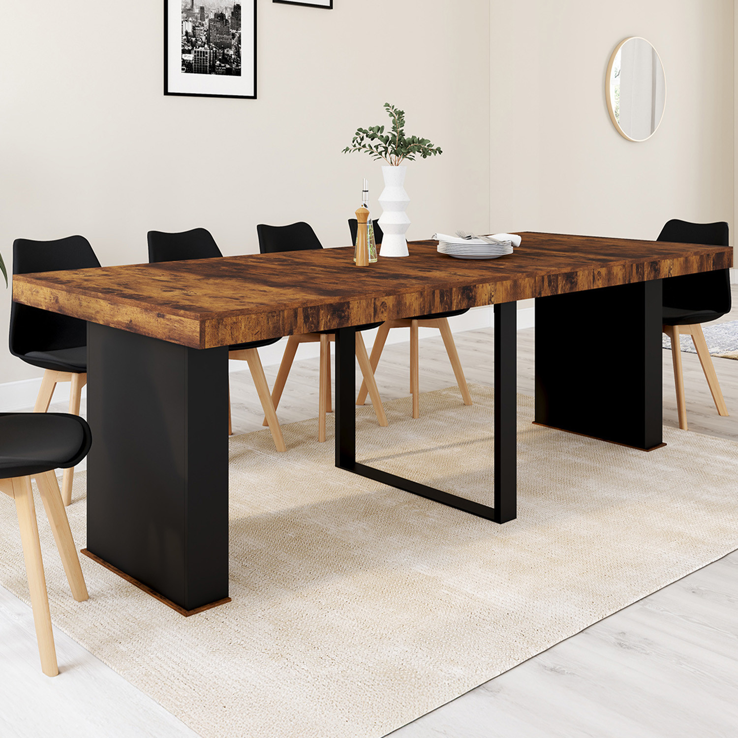 Table console extensible 10 personnes 235 cm bois effet vieilli et noir
