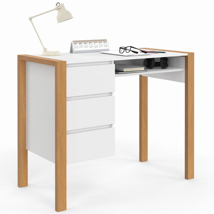 Scrivania scandinava in legno e bianco con 3 cassetti e 1 nicchia - HUGO | ID Market
