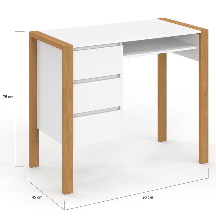 Scrivania scandinava in legno e bianco con 3 cassetti e 1 nicchia - HUGO | ID Market