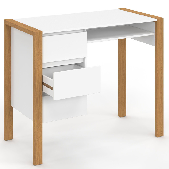 Escritorio escandinavo blanco y madera con 3 cajones y 1 hueco - HUGO | ID Market
