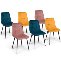 Lot de 6 chaises MILA en velours mix color bleu x2, jaune ocre x2, rose x2