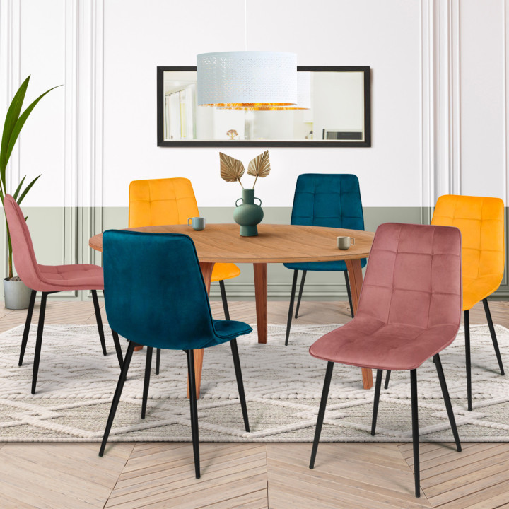 Lot de 6 chaises MILA en velours mix color bleu x2, jaune ocre x2, rose x2