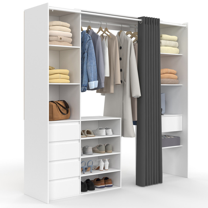 Dressing extensible double XXL MERYL 120/180 x 50 x 180 cm blanc avec tiroirs + étagères + double penderie + rideau gris