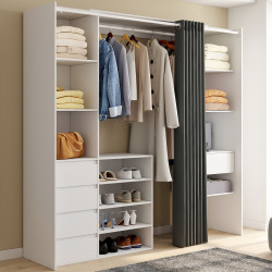 XXL MERYL 120/180 cm witte dubbele uittrekbare kledingkast met laden + legplanken + hangruimte + grijs gordijn
