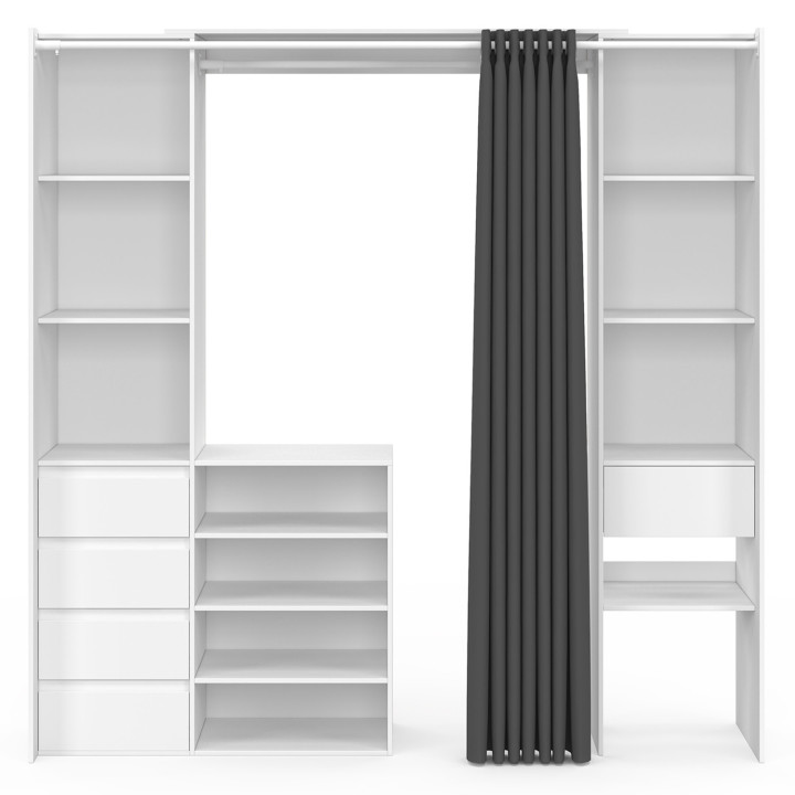Dressing extensible double XXL MERYL 120/180 x 50 x 180 cm blanc avec tiroirs + étagères + double penderie + rideau gris