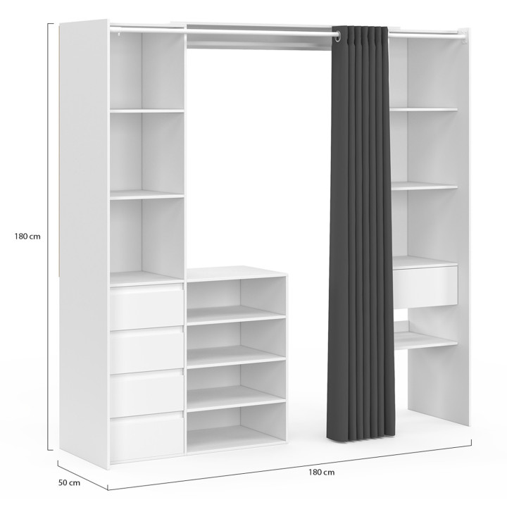 Dressing extensible double XXL MERYL 120/180 x 50 x 180 cm blanc avec tiroirs + étagères + double penderie + rideau gris