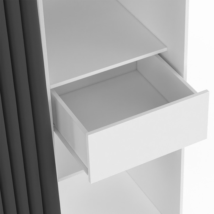Dressing extensible double XXL MERYL 120/180 x 50 x 180 cm blanc avec tiroirs + étagères + double penderie + rideau gris