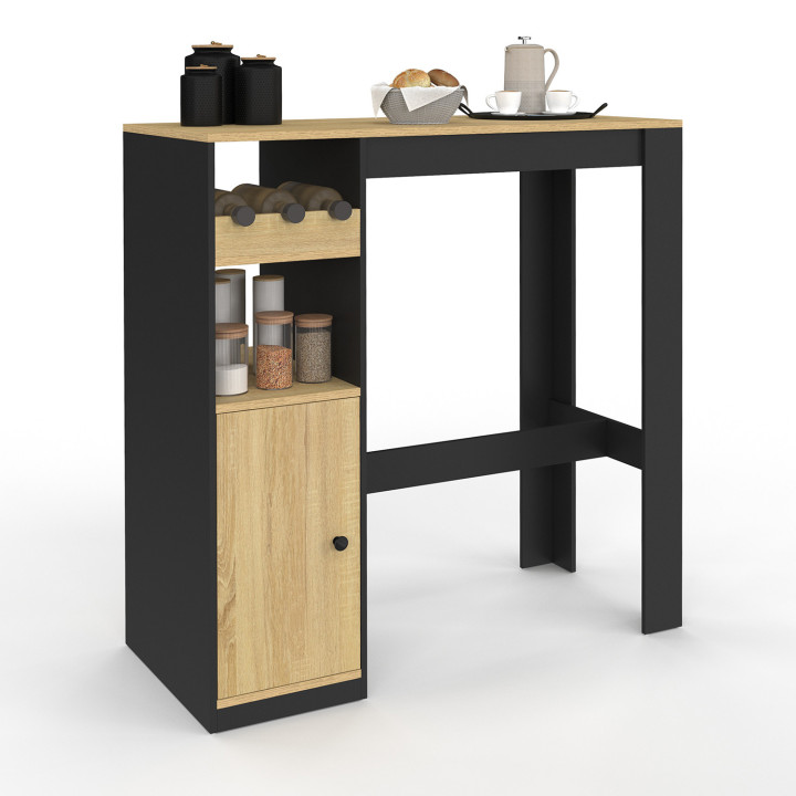 Table de bar AMERI avec placard et range bouteilles 2 personnes bois et noir