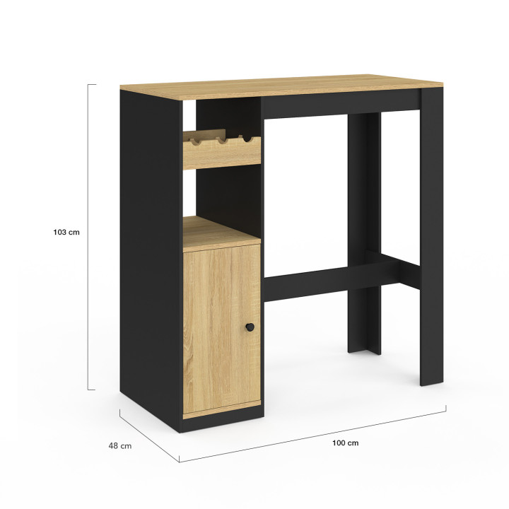Table de bar AMERI avec placard et range bouteilles 2 personnes bois et noir