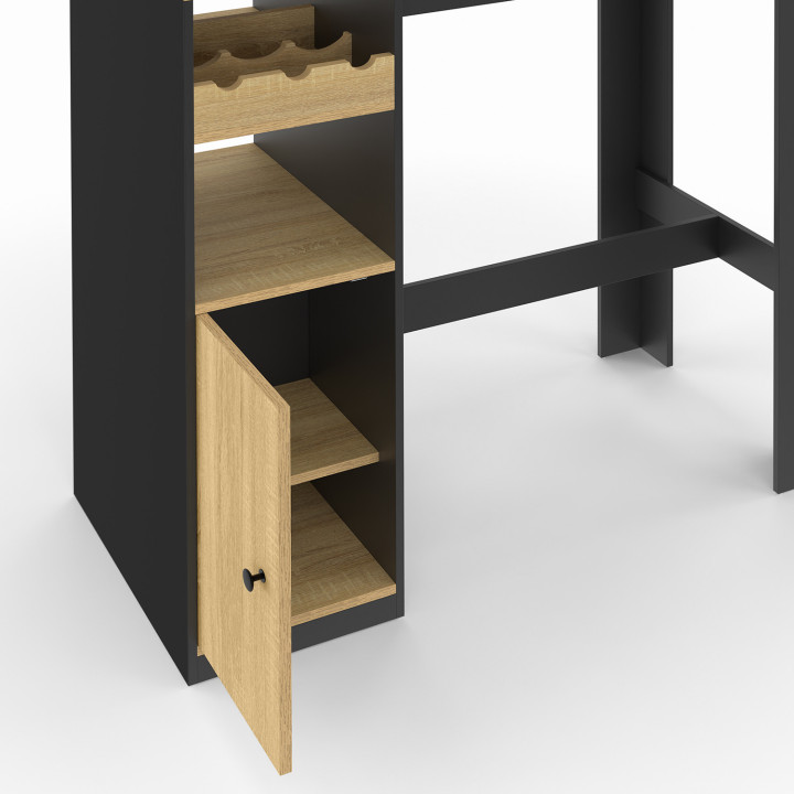 Table de bar AMERI avec placard et range bouteilles 2 personnes bois et noir