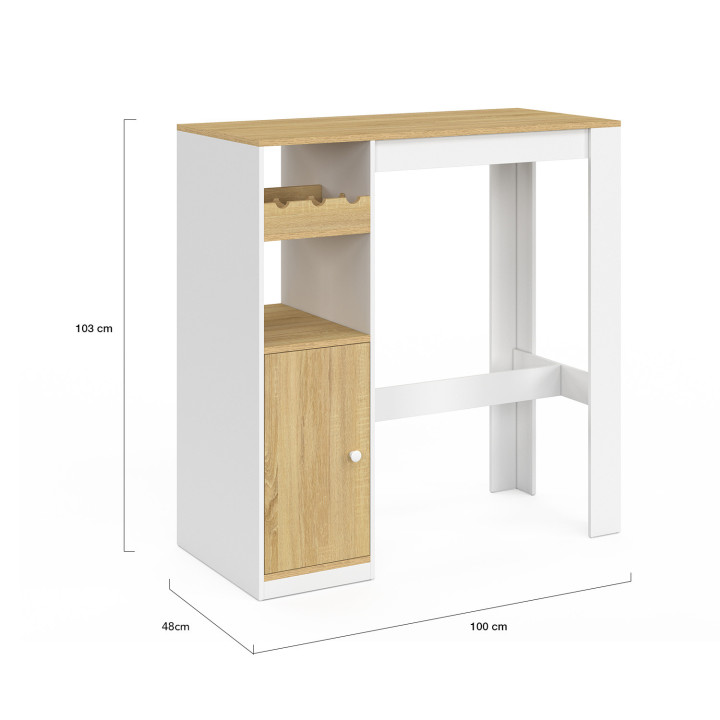 Mesa de bar en madera y blanco con armario y portabotellas para 2 personas - AMERI || Mesa de bar con armario y portabotellas pa