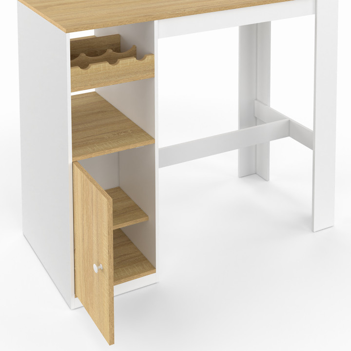 Mesa de bar en madera y blanco con armario y portabotellas para 2 personas - AMERI || Mesa de bar con armario y portabotellas pa