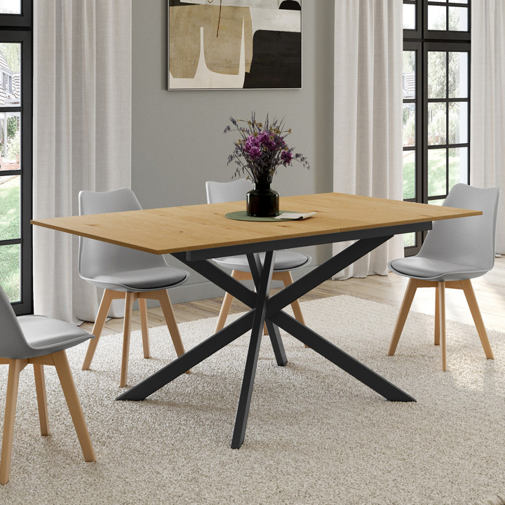 Mesa de comedor rectangular extensible 6-10 personas madera y negro 160-200cm - INES | ID Market