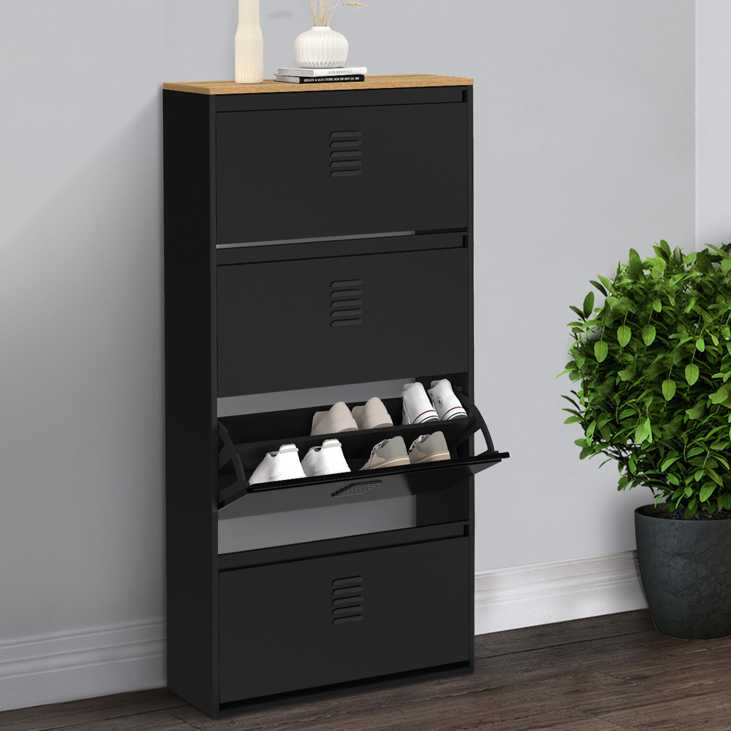 Meuble à chaussures 24 paires 4 portes métal noir et plateau bois design industriel