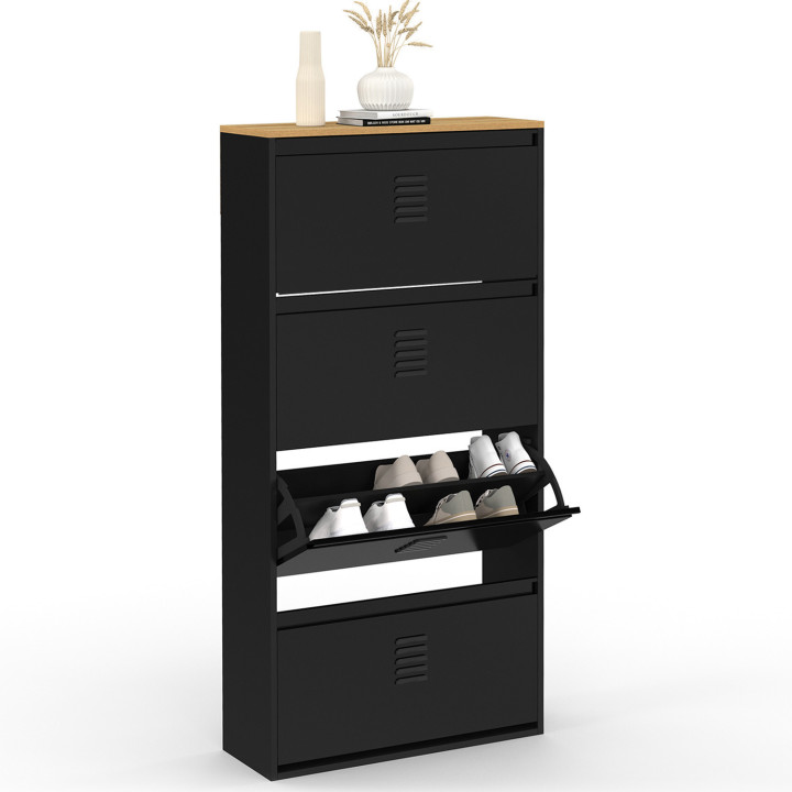 Scarpiera ESTER, capacità massima 24 paia, 4 ante in metallo nero e piano in legno dal design industriale