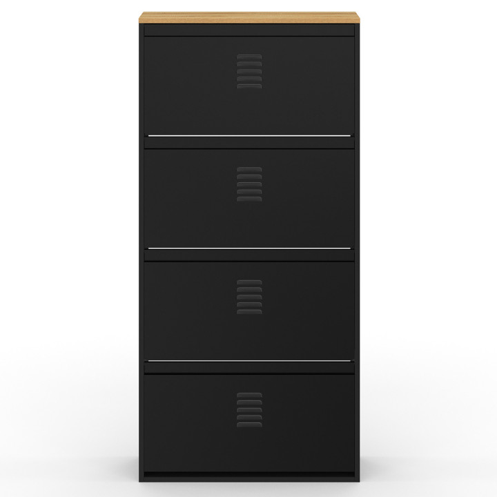 Scarpiera ESTER, capacità massima 24 paia, 4 ante in metallo nero e piano in legno dal design industriale