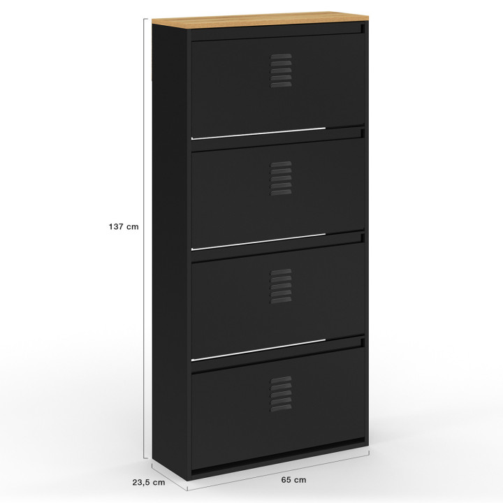 Meuble à chaussures maxi capacité ESTER 4 portes 24 paires métal noir et plateau bois design industriel