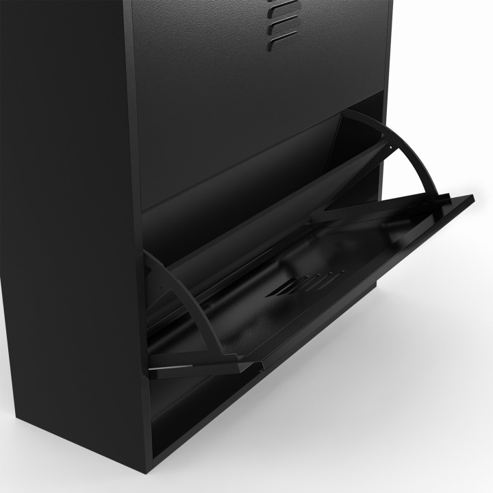 Meuble à chaussures maxi capacité ESTER 4 portes 24 paires métal noir et plateau bois design industriel