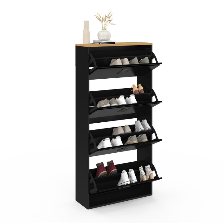 Scarpiera ESTER, capacità massima 24 paia, 4 ante in metallo nero e piano in legno dal design industriale