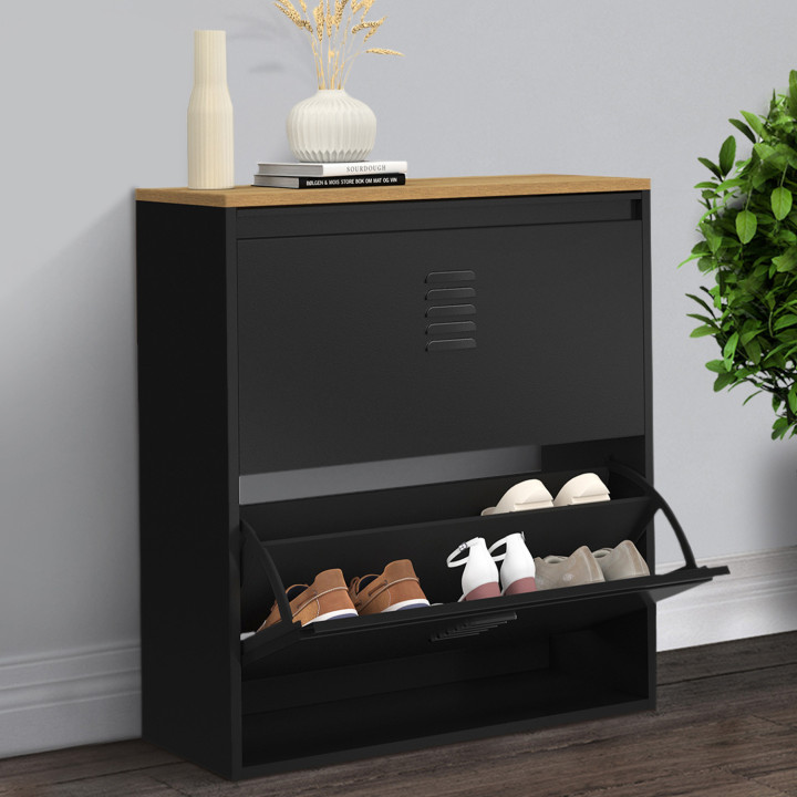 Mueble zapatero 12 pares 2 puertas metal negro diseño industrial - ESTER | ID Market