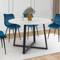 17092 - Table à manger ronde SELMA 4 personnes plateau effet marbre blanc ALASKA et noir 110 cm