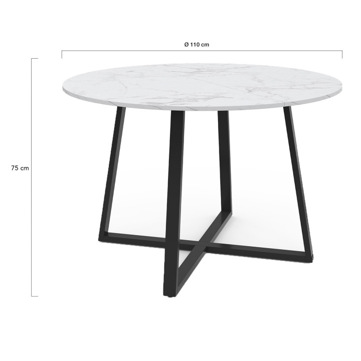 Mesa de comedor redonda 4-6 personas efecto mármol blanco y negro 110 cm - SELMA | ID Market