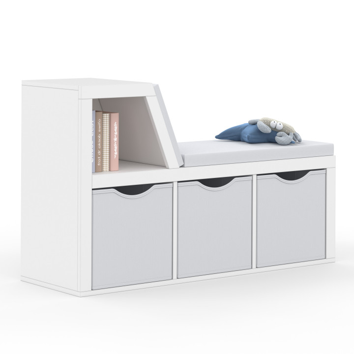 Bücherregal Bank weiß mit grauem Kissen und Stoffbehältern - OSCAR | ID Market