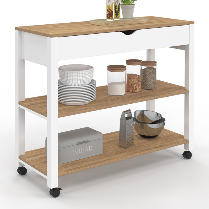 Desserte de cuisine PENH XXL avec tiroir et plan de travail blanc plateaux façon hêtre L.100 CM Desserte de cuisine PENH XXL avec tiroir et plan de travail blanc plateaux façon hêtre L.100 CM