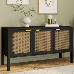 Laag zwart houten dressoir 110 cm 3 rieten deuren - EDHEN | ID Market