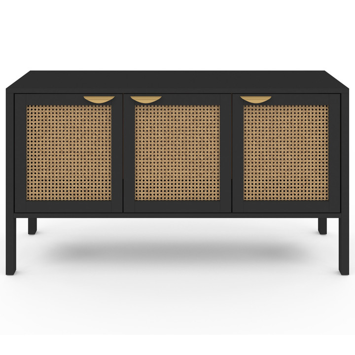 Buffet bas 110 cm EDHEN 3 portes bois noir et cannage
